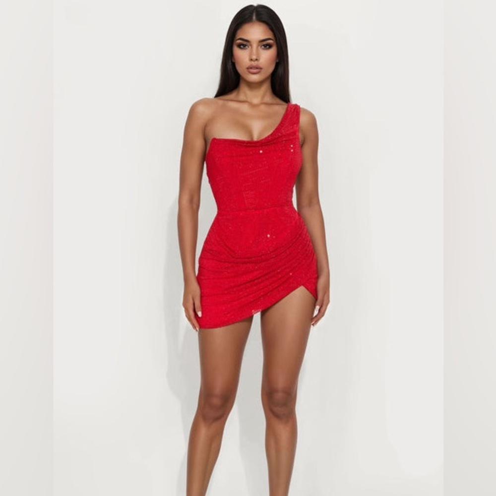 Fashion Nova Rhinestone Red Mini Dress size M - Picture 2 of 6